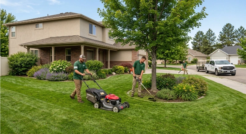 Freshly mowed green lawn at a healthy height in the Treasure Valley