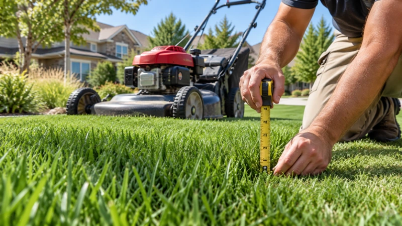Measuring lawn height with a ruler beside a lawn mower