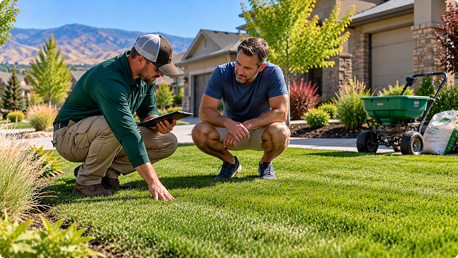 Professional lawn consultation in a mountain suburb